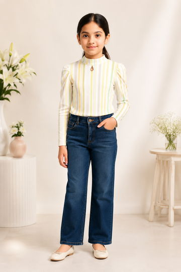 Girls full sleeve yellow and green striped ribbed top with keyhole neck