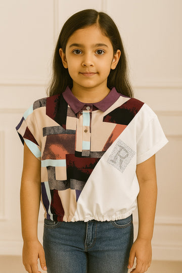 Girls Abstract Print Multicolor Polo Neck Top with Elastic Waist - Inayah Fashion