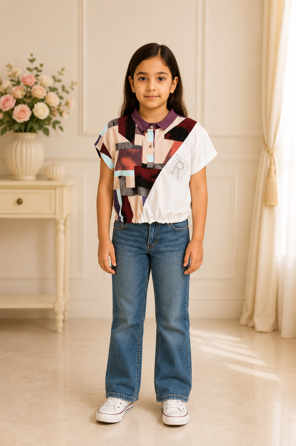 Girls multicolor abstract print polo neck top with elastic waist