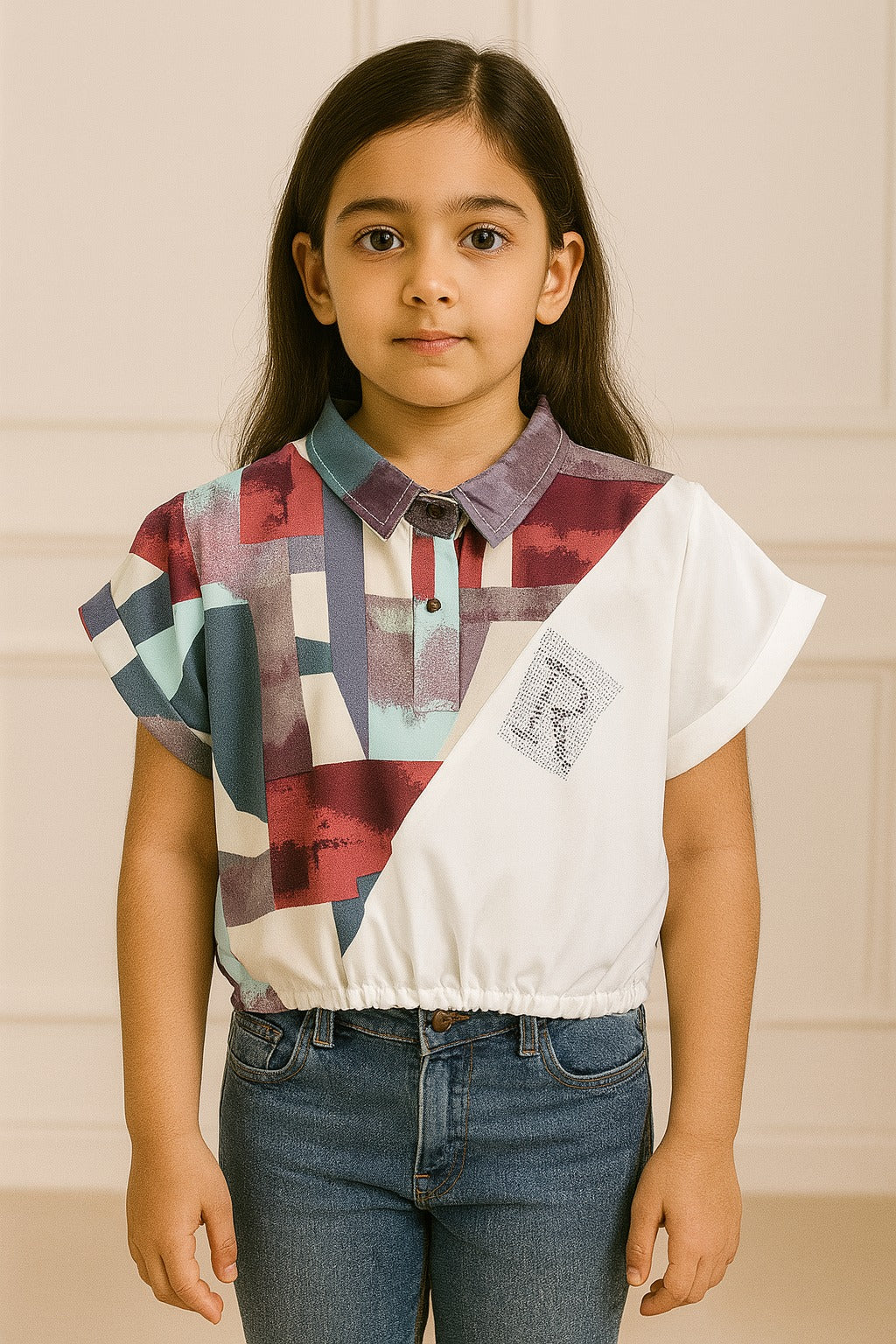 Girls Abstract Block Print Polo Neck Top with Elastic Hem - Inayah Fashion