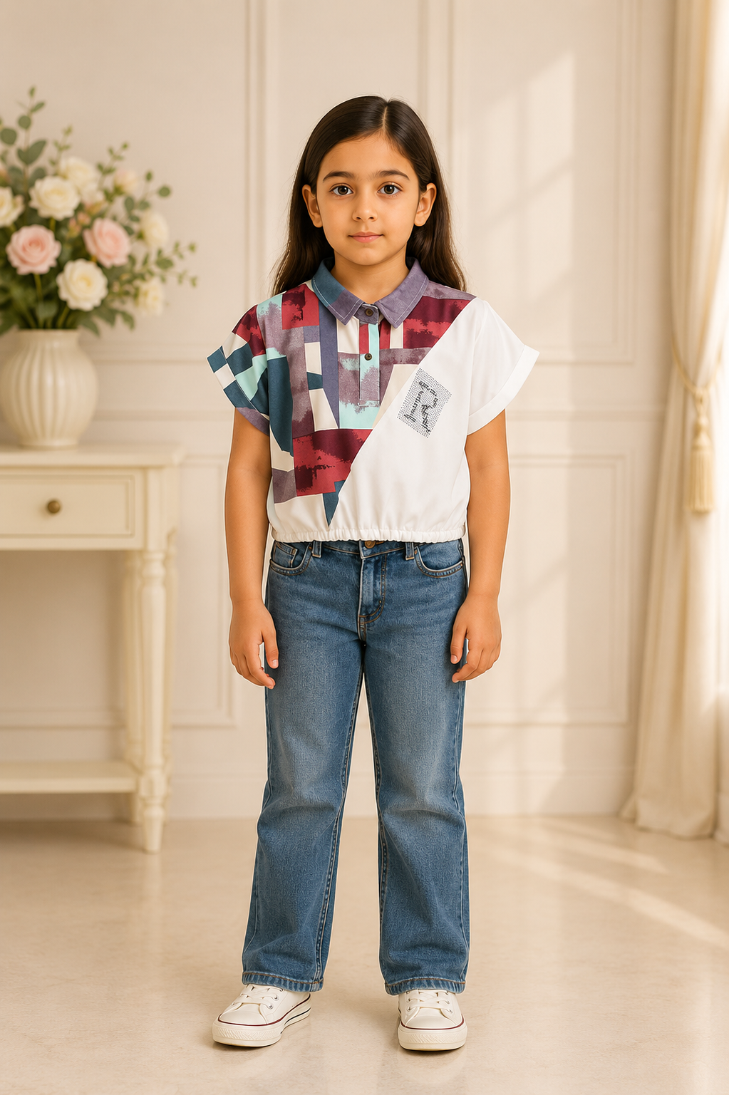 Girls abstract block print polo neck top with elastic hem