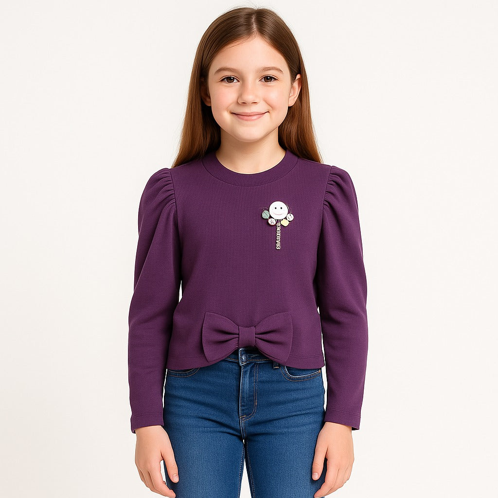 Girls purple full-sleeve knit top with front bow and smile badge