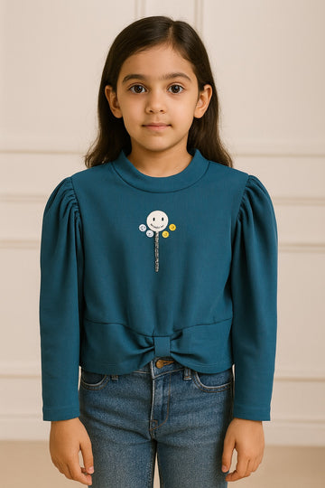 Girls Teal Full Sleeve Ribbed Top with Bow & Smile Badge - Inayah Fashion