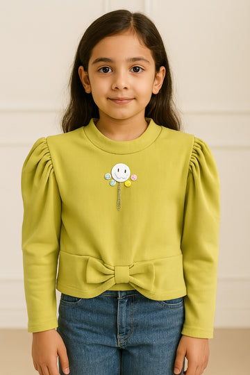 Girls Lime Green Full Sleeve Ribbed Top with Bow & Smiley Badge - Inayah Fashion