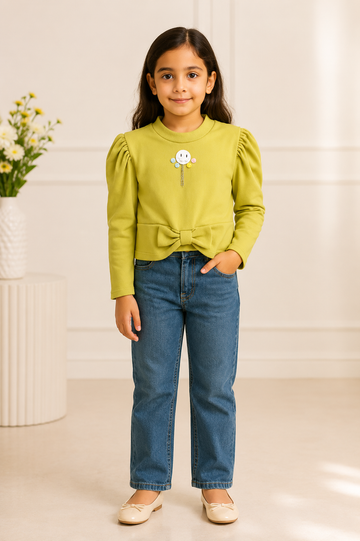 Girls Lime Green Full Sleeve Ribbed Top with Bow & Smiley Badge