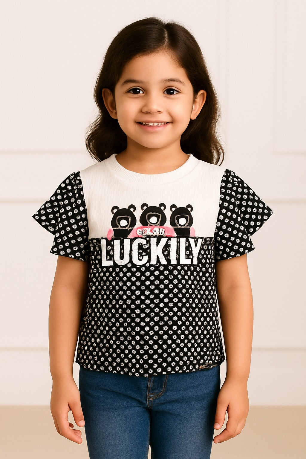 Girls Black & White Polka Dot "Luckily" Bear Print Flutter Sleeve Top - Inayah Fashion