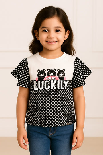 Girls Black & White Polka Dot "Luckily" Bear Print Flutter Sleeve Top - Inayah Fashion