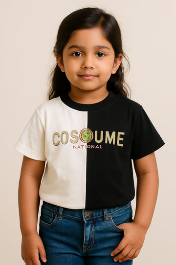 Girls Black & White Half-and-Half "COSOUME National" Casual T-Shirt - Inayah Fashion