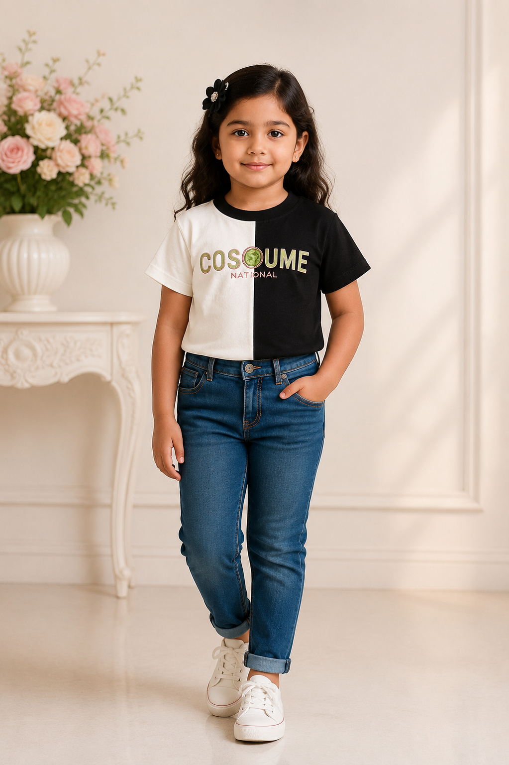 Girls black and white half-and-half casual t-shirt