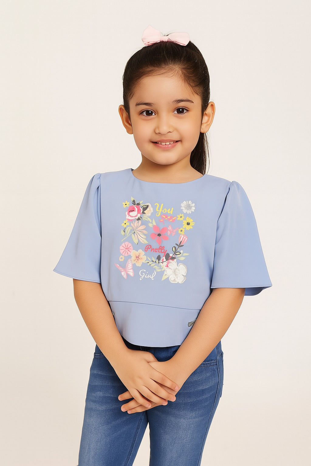 Girls Light Blue Flutter Sleeve Floral Print Top – "You Pretty Girl" - Inayah Fashion
