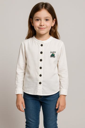 Girls Off-White Full Sleeve Shirt with Front Buttons & Scooter Embroidery - Inayah Fashion