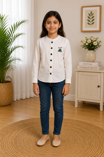 Girls Off-White Full Sleeve Shirt with Front Buttons & Scooter Embroidery