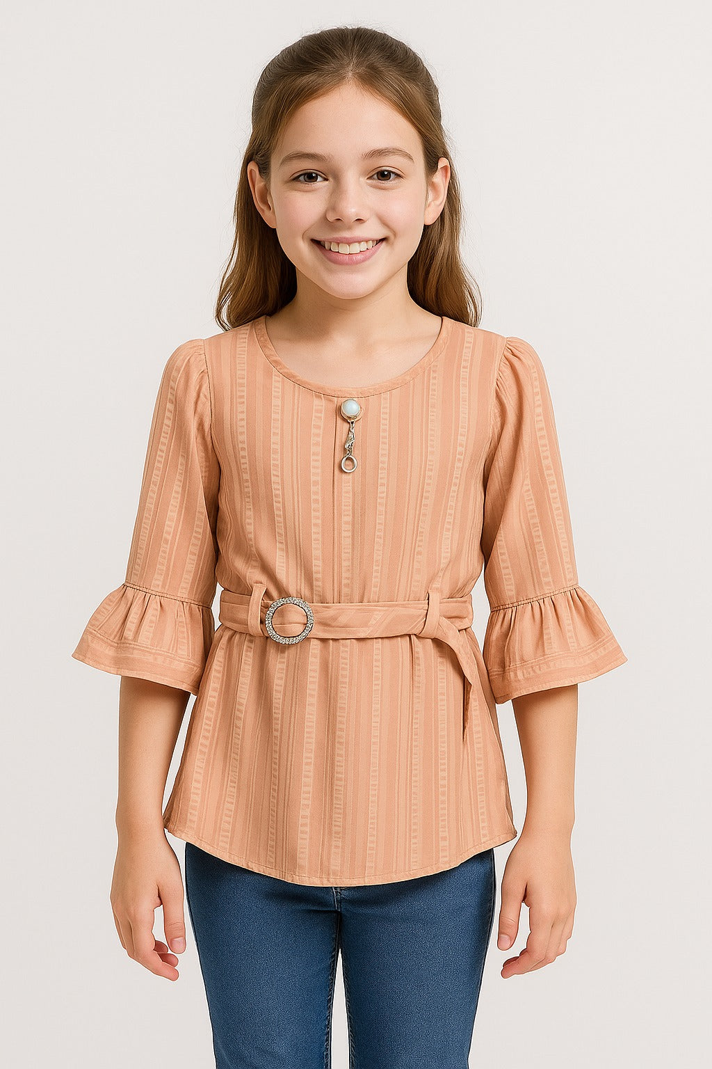 Girls peach striped peplum top with belt and pearl brooch
