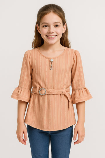 Girls peach striped peplum top with belt and pearl brooch