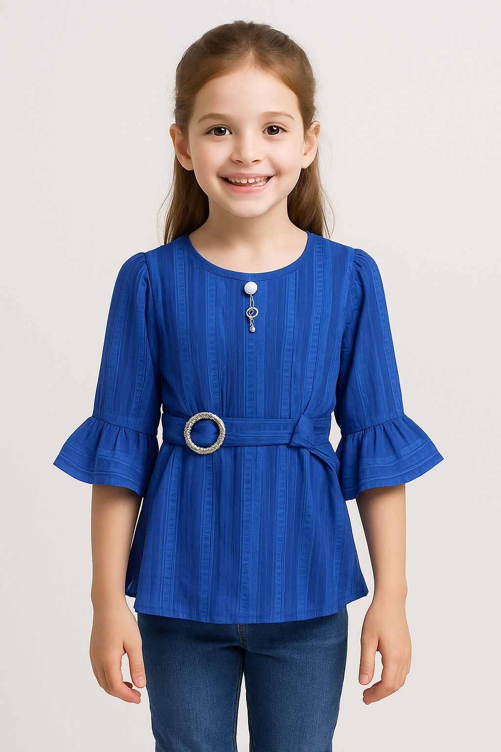 Girls Royal Blue Striped Peplum Top with Belt & Pearl Brooch - Inayah Fashion