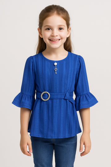 Girls royal blue striped peplum top with belt and pearl brooch