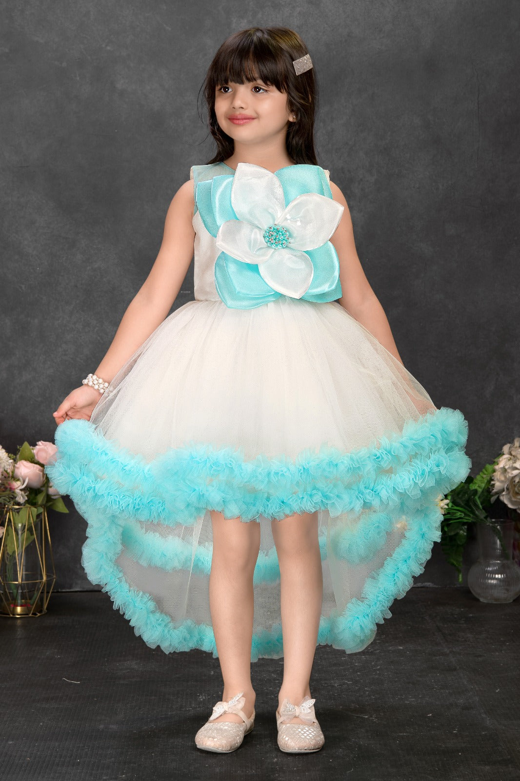 Elegant High-Low Tulle Dress in White & Aqua Blue with Oversized 3D Flower Appliqué – Premium Birthday & Party Gown - Inayah Fashion