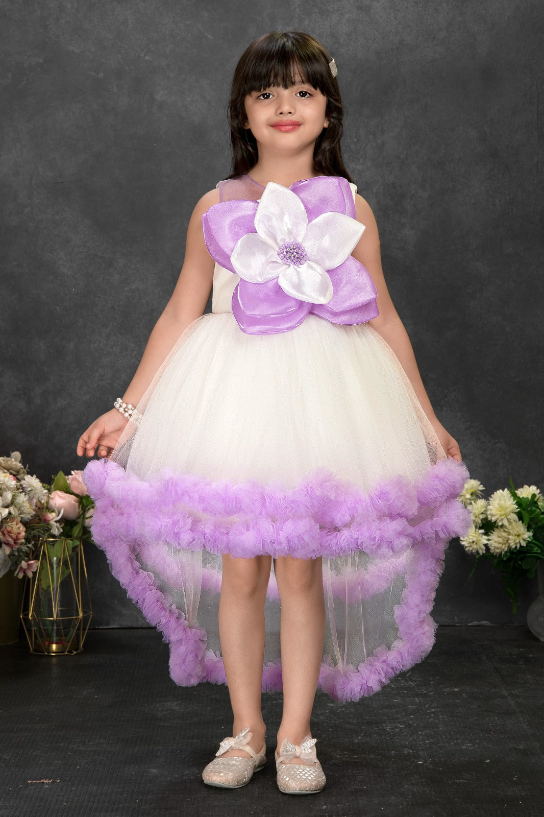 White & Lavender High-Low Party Dress with Oversized Flower – Girls’ Designer Dress - Inayah Fashion