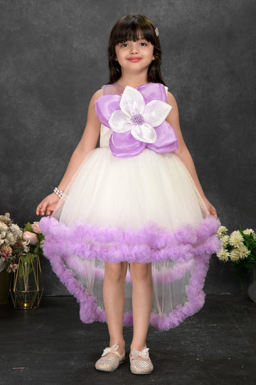 White & Lavender High-Low Party Dress with Oversized Flower – Girls’ Designer Dress - Inayah Fashion