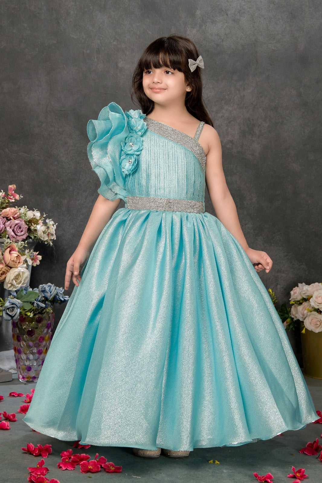 Premium Ice Blue One-Shoulder Shimmer Gown for Girls with Ruffle & 3D Floral - Inayah Fashion