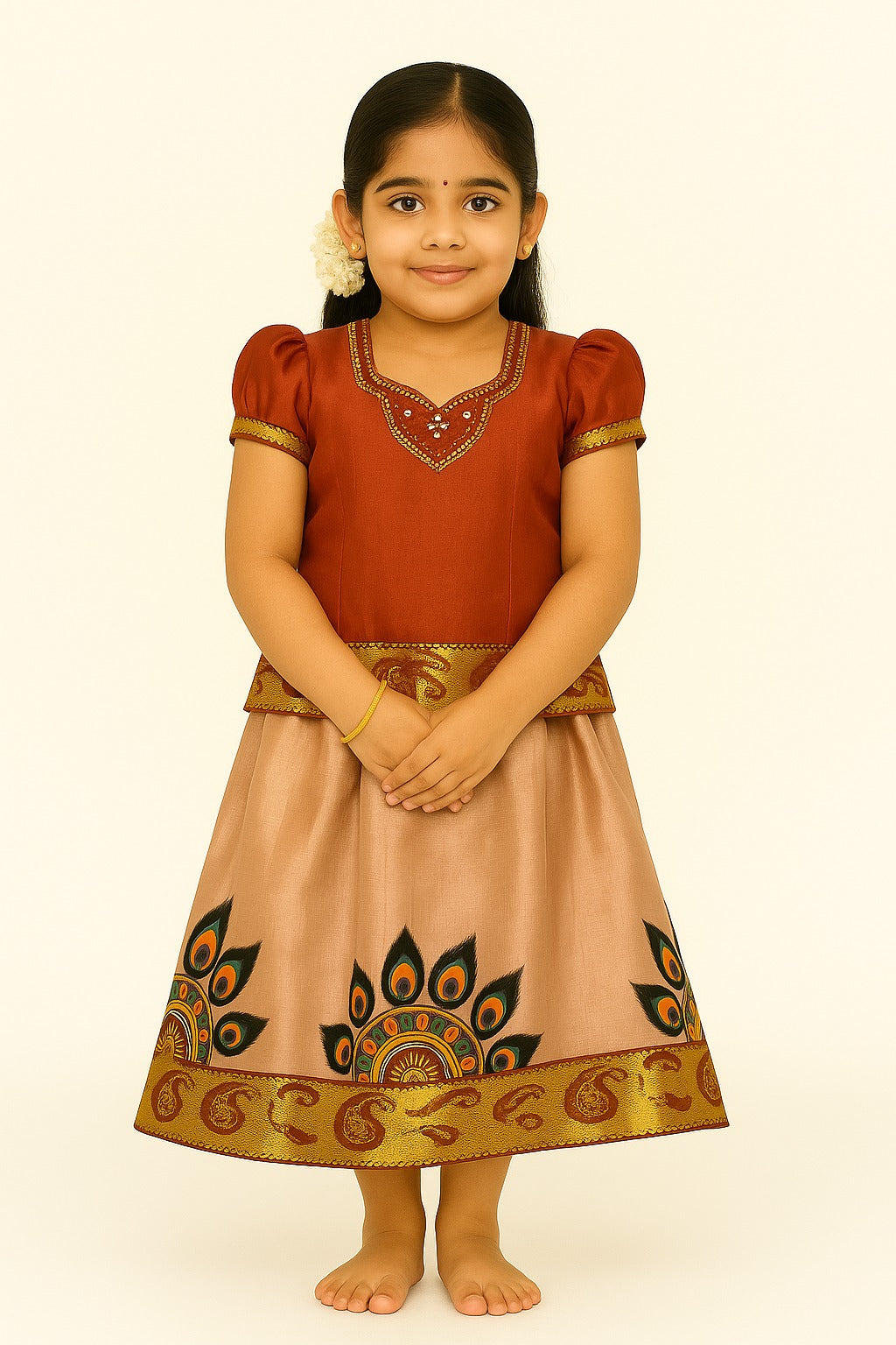 Traditional South Indian Silk Cotton Pattu Frock for Girls – Maroon & Beige Peacock Motif Ethnic Dress with Zari Border - Inayah Fashion