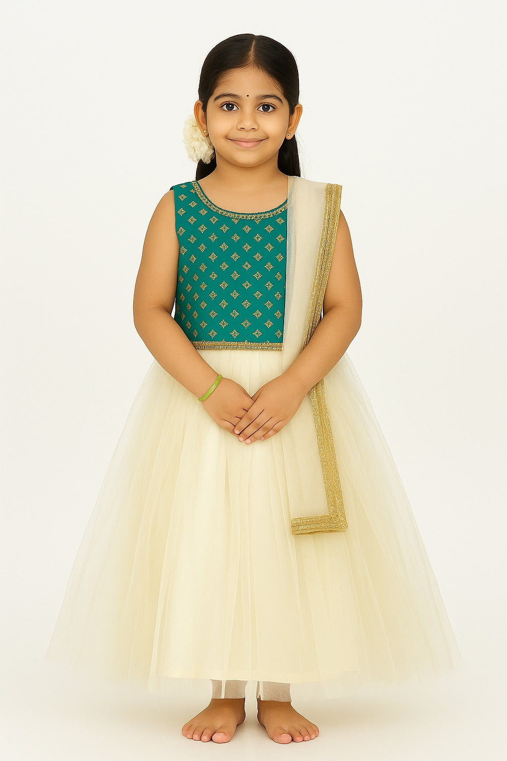 Elegant Green & Cream Party Gown Set for Girls – Sleeveless Brocade Top with Net Flared Skirt and Dupatta - Inayah Fashion