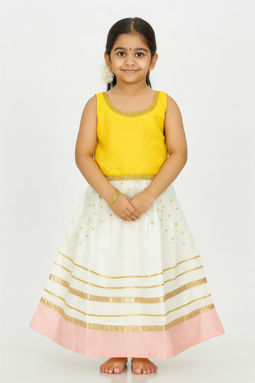 Charming Yellow and White Traditional Gown for Girls – Sleeveless Golden Border Dress with Pink Hem – Festive Ethnic Wear - Inayah Fashion