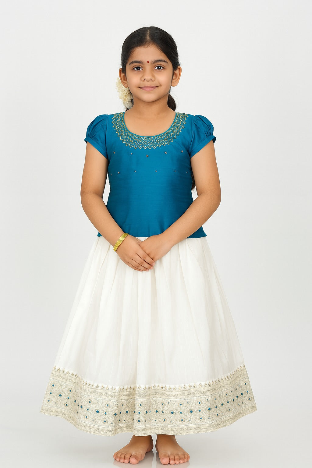 Elegant Teal and Cream Ethnic Lehenga Set for Girls – Embroidered Neck Top with Designer Border Skirt – Traditional Festive Wear - Inayah Fashion