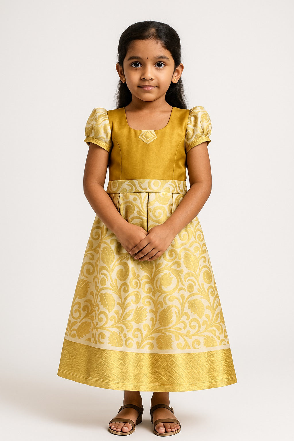 Golden Floral Pattu Pavadai Set for Girls – Puff Sleeve Silk Blend Dress with Brocade Skirt and Diamond Motif Neck - Inayah Fashion