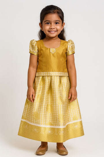 Golden yellow checked Pattu Pavadai for girls with floral-motif skirt and temple border
