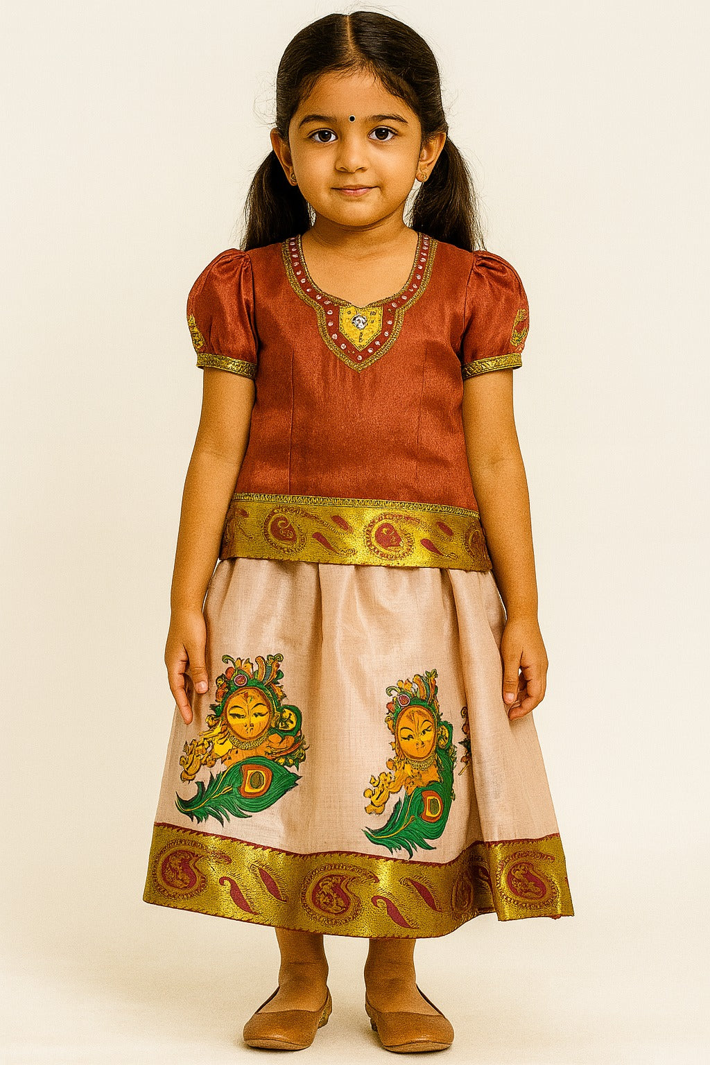 Copper brown Pattu Pavadai for girls with artwork skirt and embroidered-neck blouse