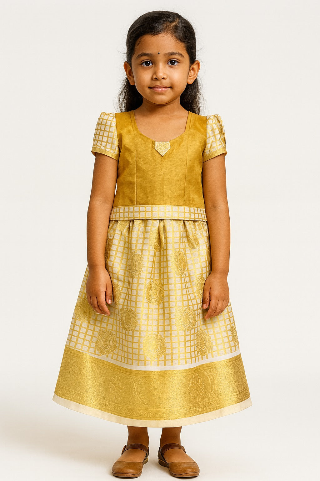 Golden Yellow Checked Pattu Pavadai for Girls – Puff Sleeve Silk Blend Blouse with Floral Motif Skirt & Temple Border - Inayah Fashion
