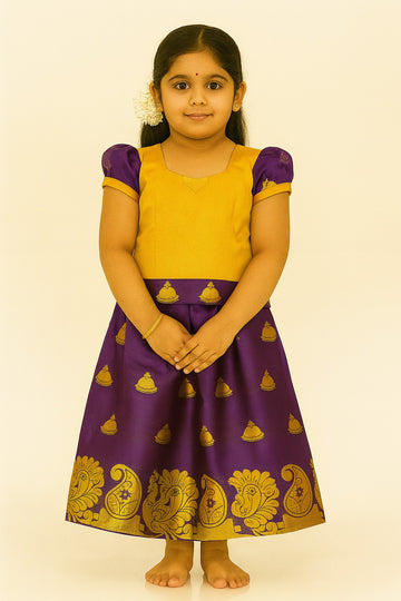 Mustard & Purple Traditional Silk Pavadai Set for Girls-Kids wear India
