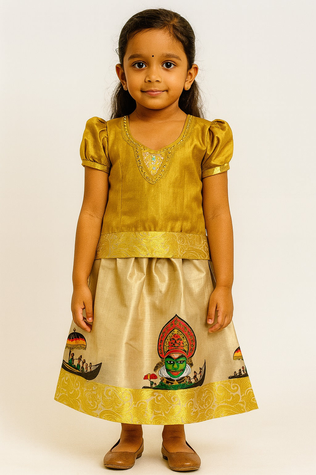 Golden Kerala Pattu Pavadai for Girls – Puff Sleeve Blouse with Traditional Kathakali and Snake Boat Print Skirt - Inayah Fashion