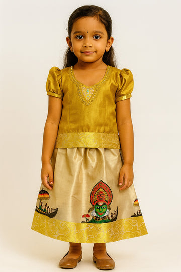 Golden Kerala Pattu Pavadai for Girls – Puff Sleeve Blouse with Traditional Kathakali and Snake Boat Print Skirt - Inayah Fashion