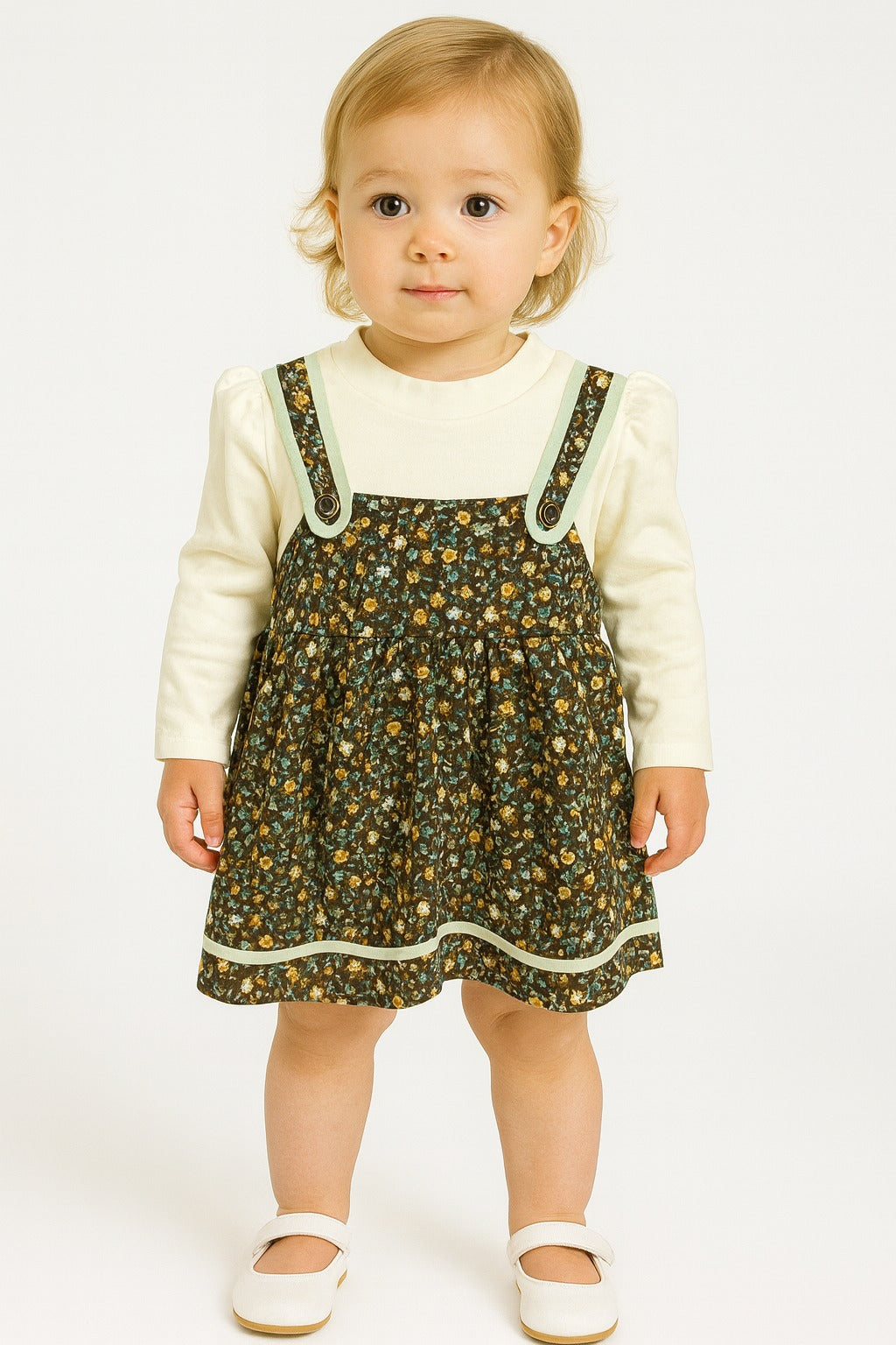 Baby girls floral suspender dress with cream top