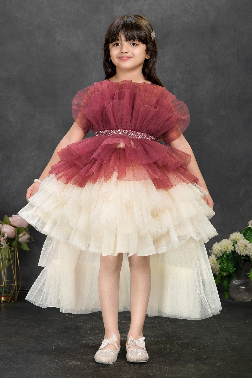 Burgundy & Ivory Layered Ruffle High-Low Party Dress for Girls - Inayah Fashion