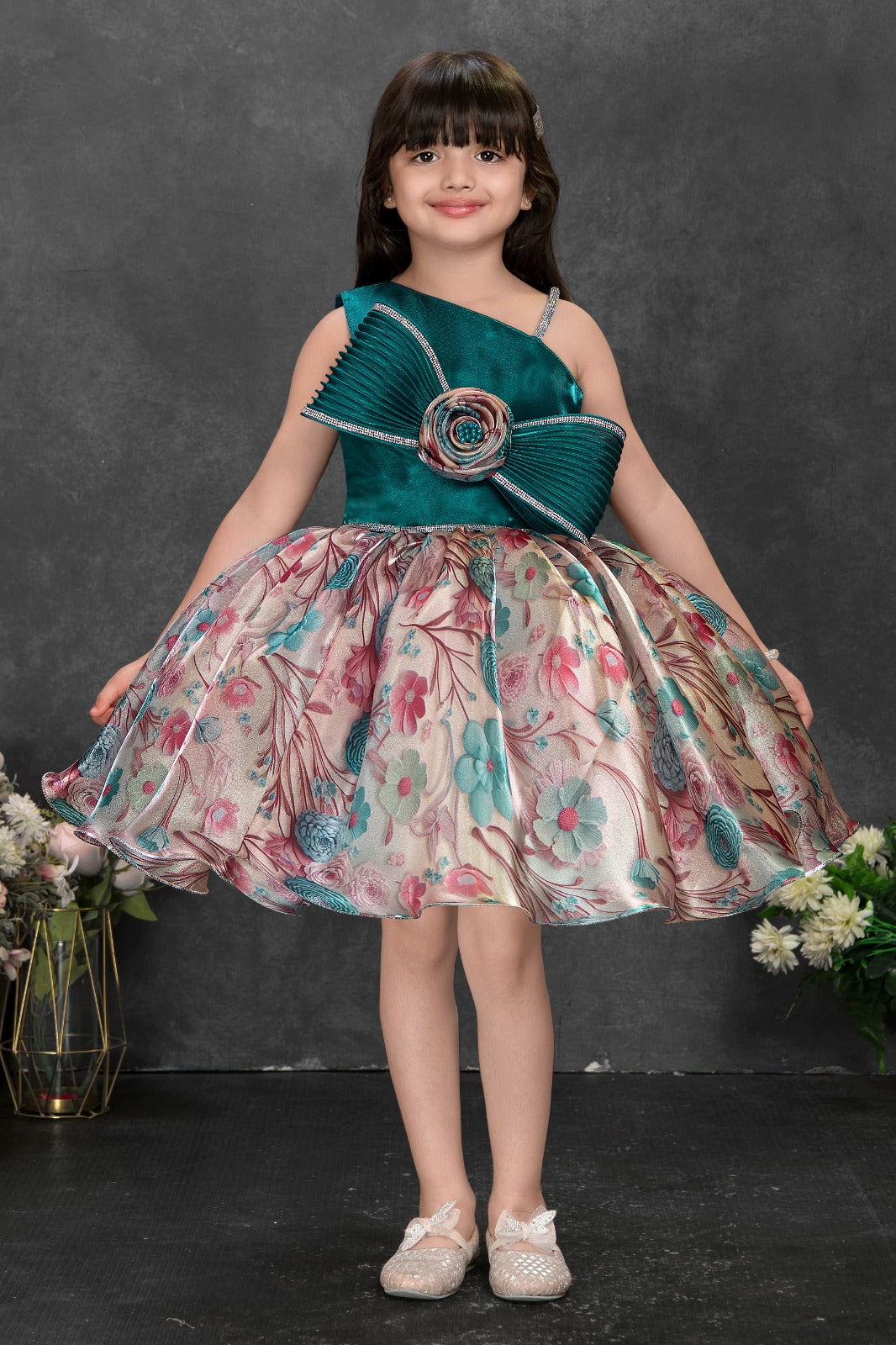 Teal & Floral Satin Party Dress with Oversized Bow for Girls - Inayah Fashion