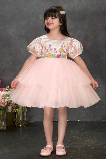 Blush Pink Puff Sleeve Embroidered Tulle Party Dress for Girls - Inayah Fashion