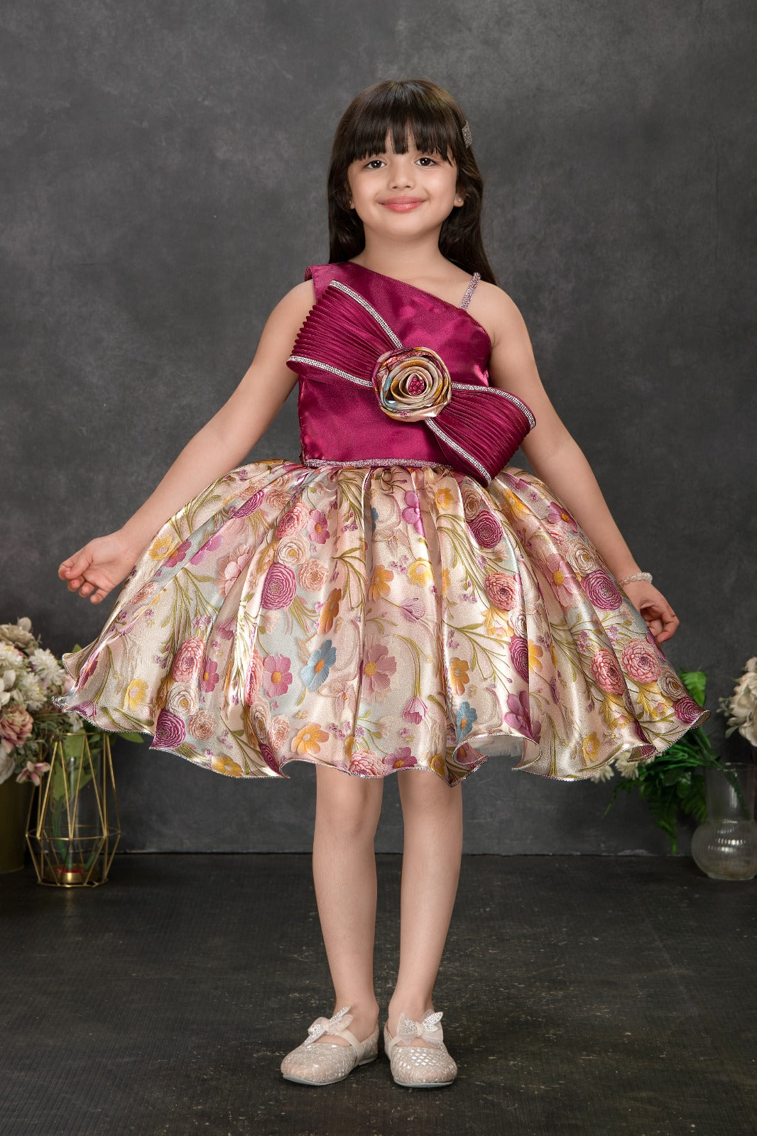 Magenta & Floral Satin Party Dress with Oversized Bow for Girls - Inayah Fashion