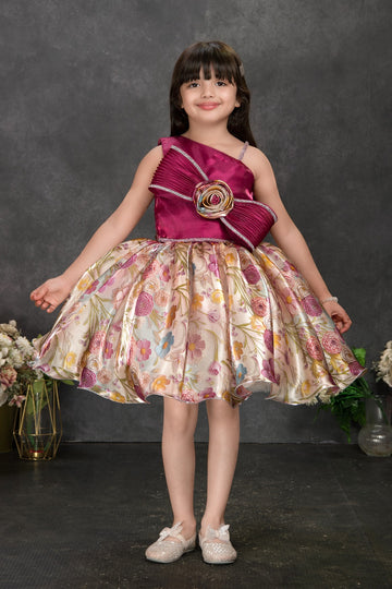 Magenta & Floral Satin Party Dress with Oversized Bow for Girls - Inayah Fashion