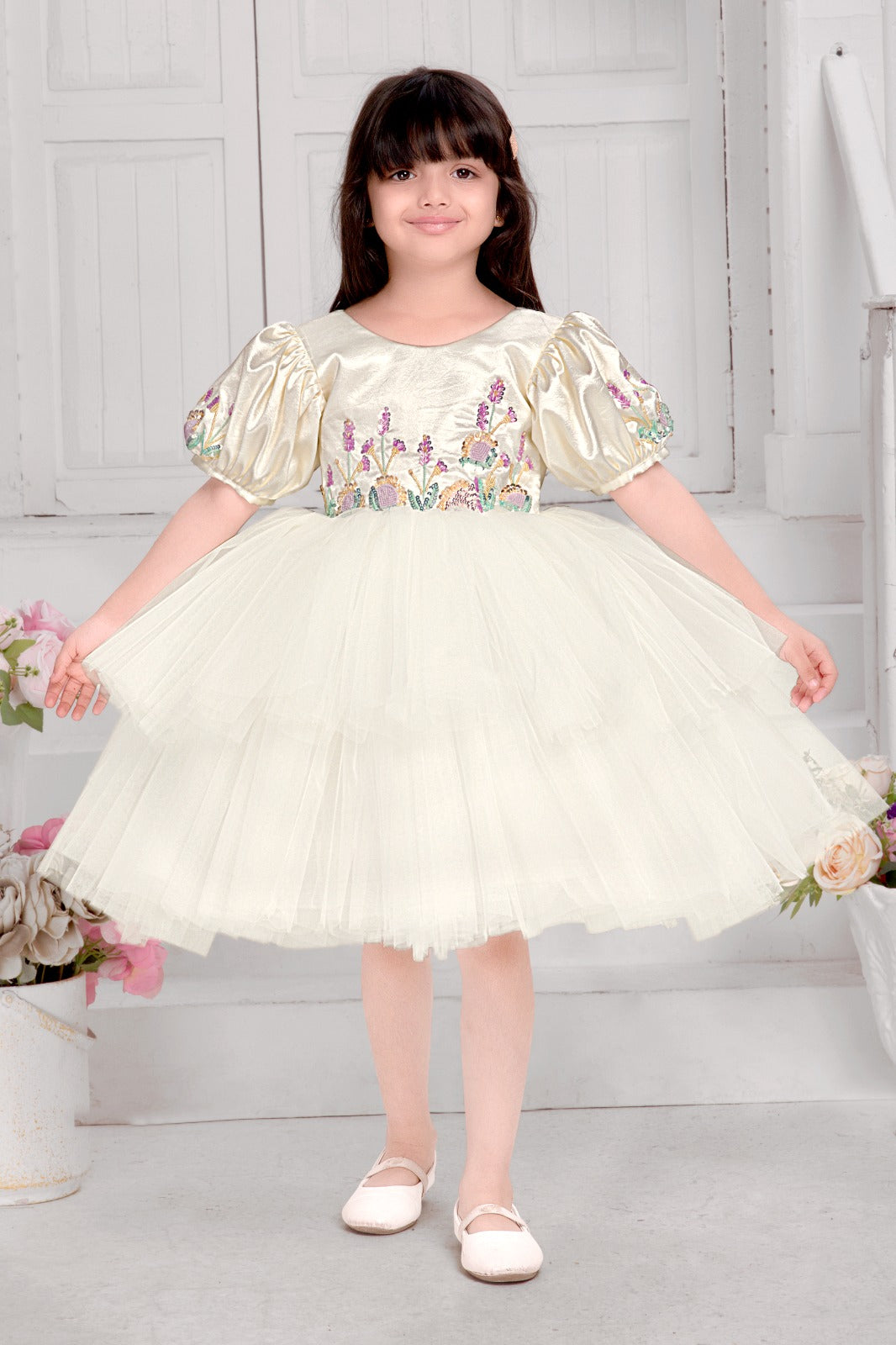 Ivory puff-sleeve embroidered tulle party dress for girls
