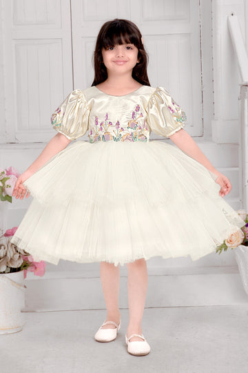 Ivory puff-sleeve embroidered tulle party dress for girls