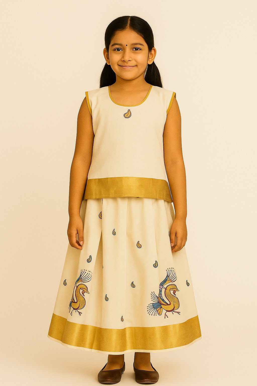 Elegant Off-White Traditional Pattu Frock for Girls – Sleeveless Ethnic Dress with Gold Zari Border & Peacock Motif - Inayah Fashion