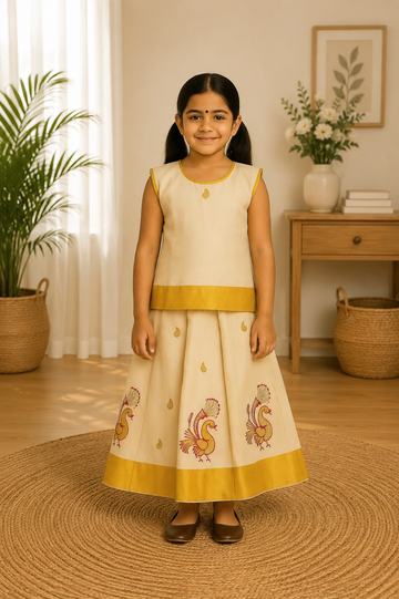 Off-white sleeveless Pattu frock for girls with gold zari border and pink peacock embroidery