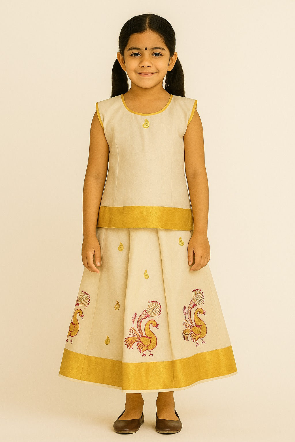 Traditional Off-White Pattu Frock for Girls – Sleeveless Ethnic Dress with Gold Zari Border & Pink Peacock Embroidery - Inayah Fashion