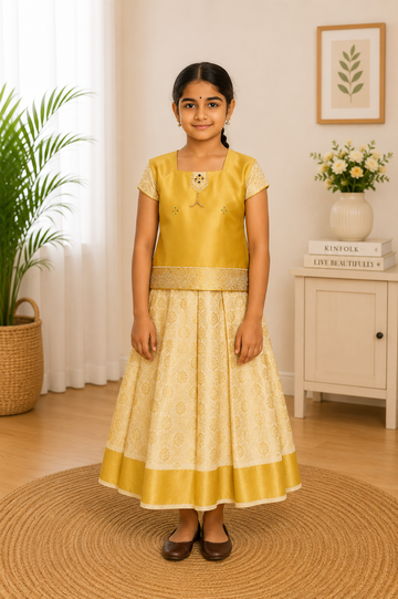 Classic Golden Pattu Frock for Girls – Traditional South Indian Dress with Embroidered Neckline & Jacquard Skirt
