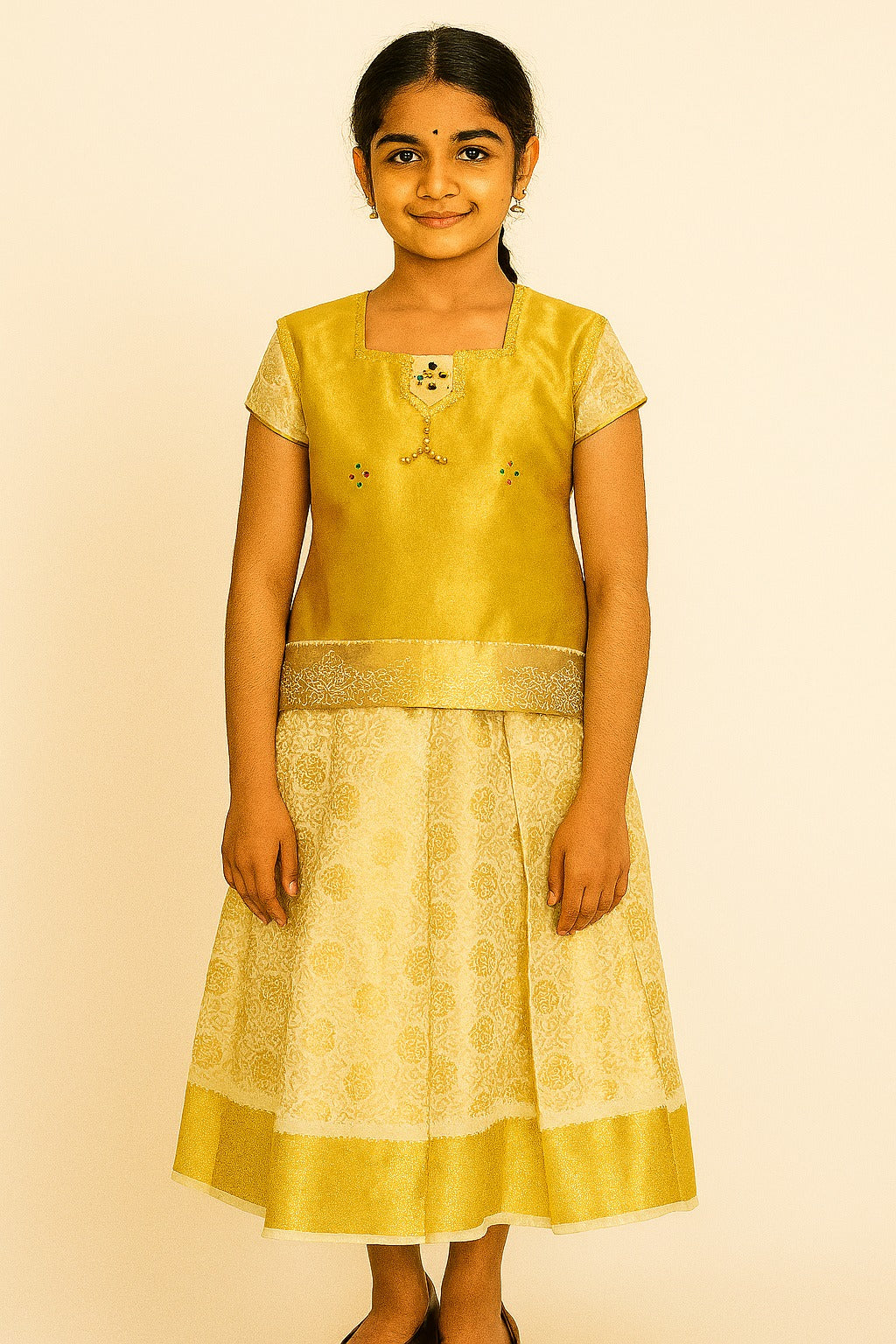 Classic Golden Pattu Frock for Girls – Traditional South Indian Dress with Embroidered Neckline & Jacquard Skirt - Inayah Fashion