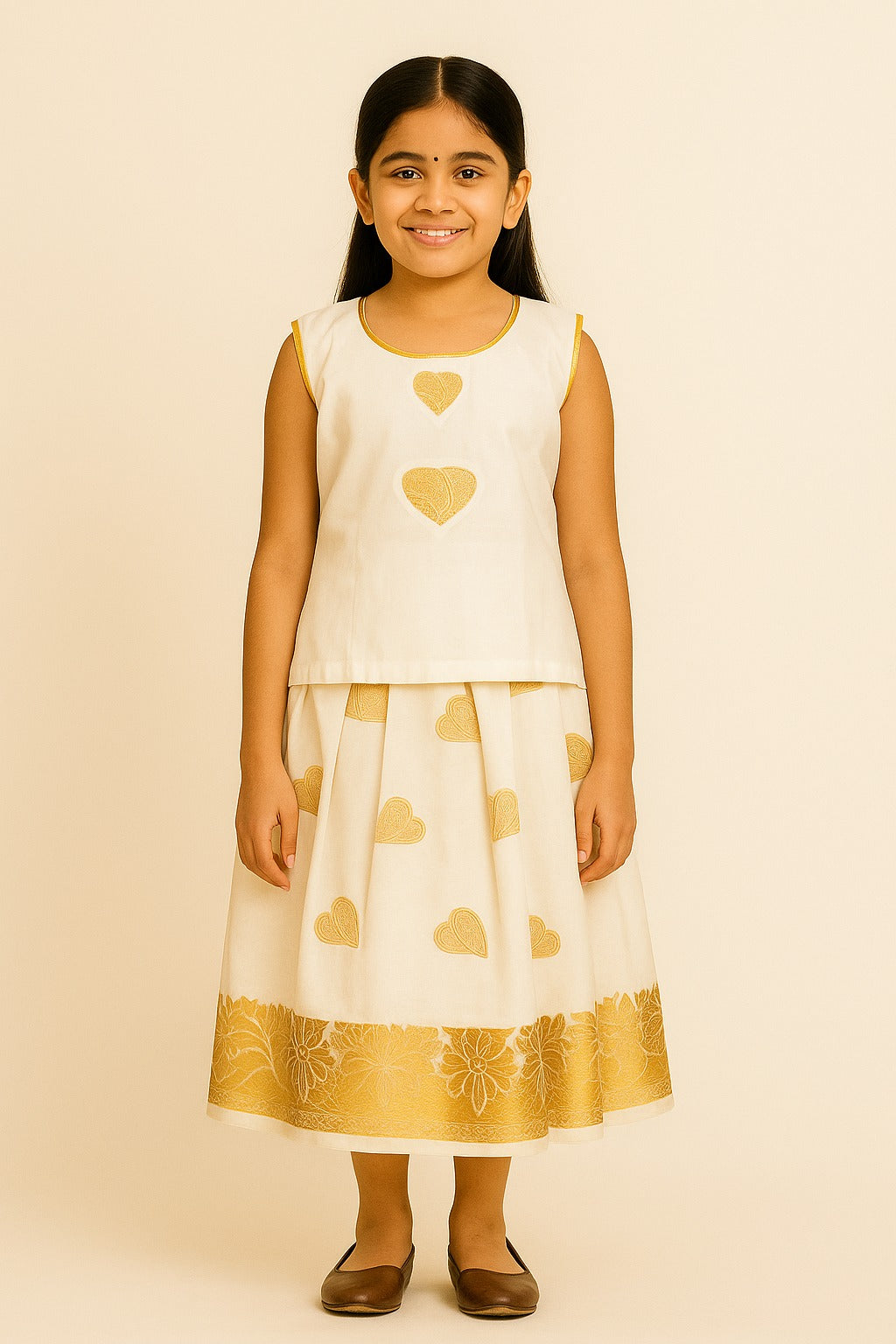 Off-White Traditional Pattu Frock for Girls – Sleeveless Dress with Golden Heart Motifs & Floral Zari Border - Inayah Fashion