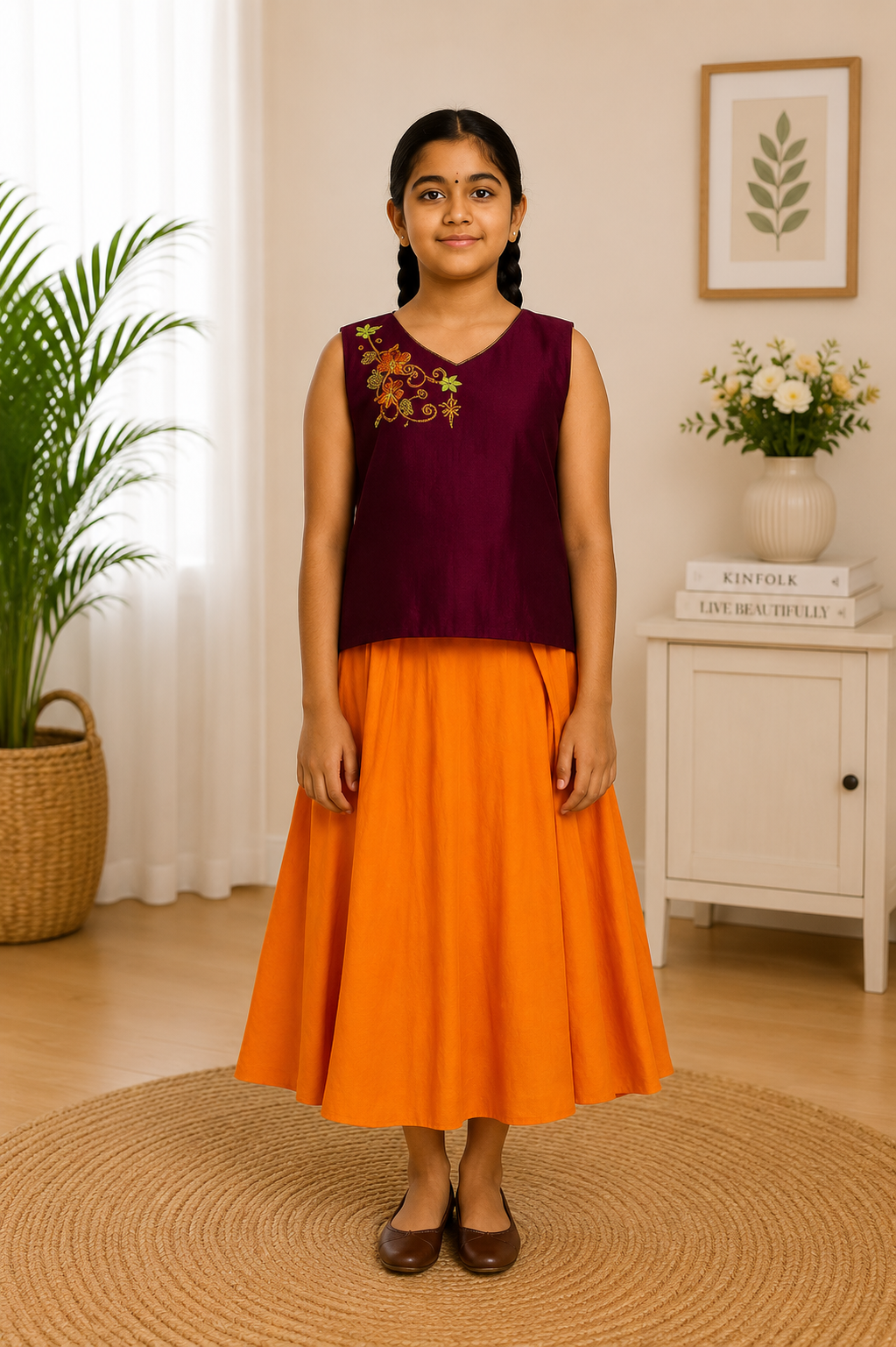 Wine and orange festive lehenga set for girls with embroidered top